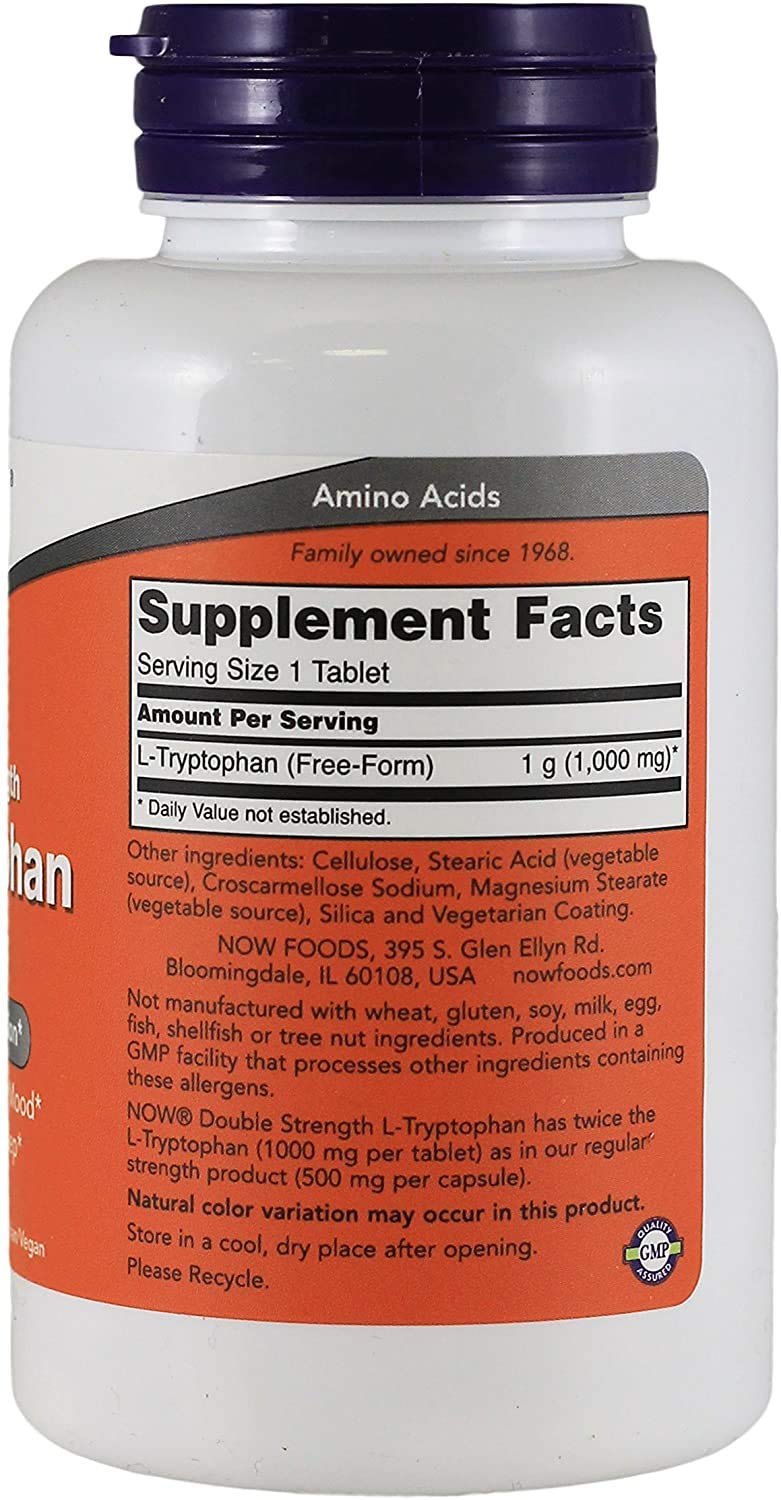 NOW Foods L-Tryptophan 1000 mg tablets label close-up highlighting pharmaceutical purity.