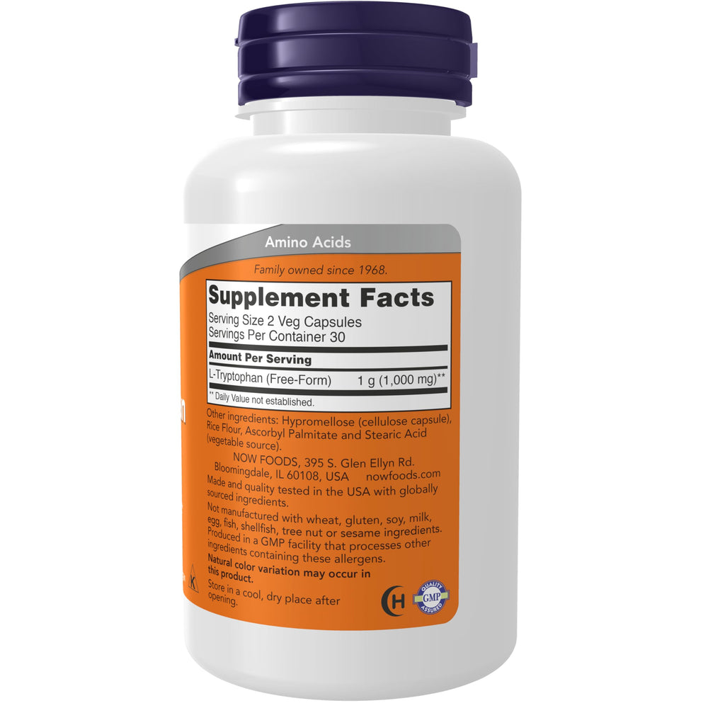 Close-up of NOW Foods L-Tryptophan capsules for easy daily use.