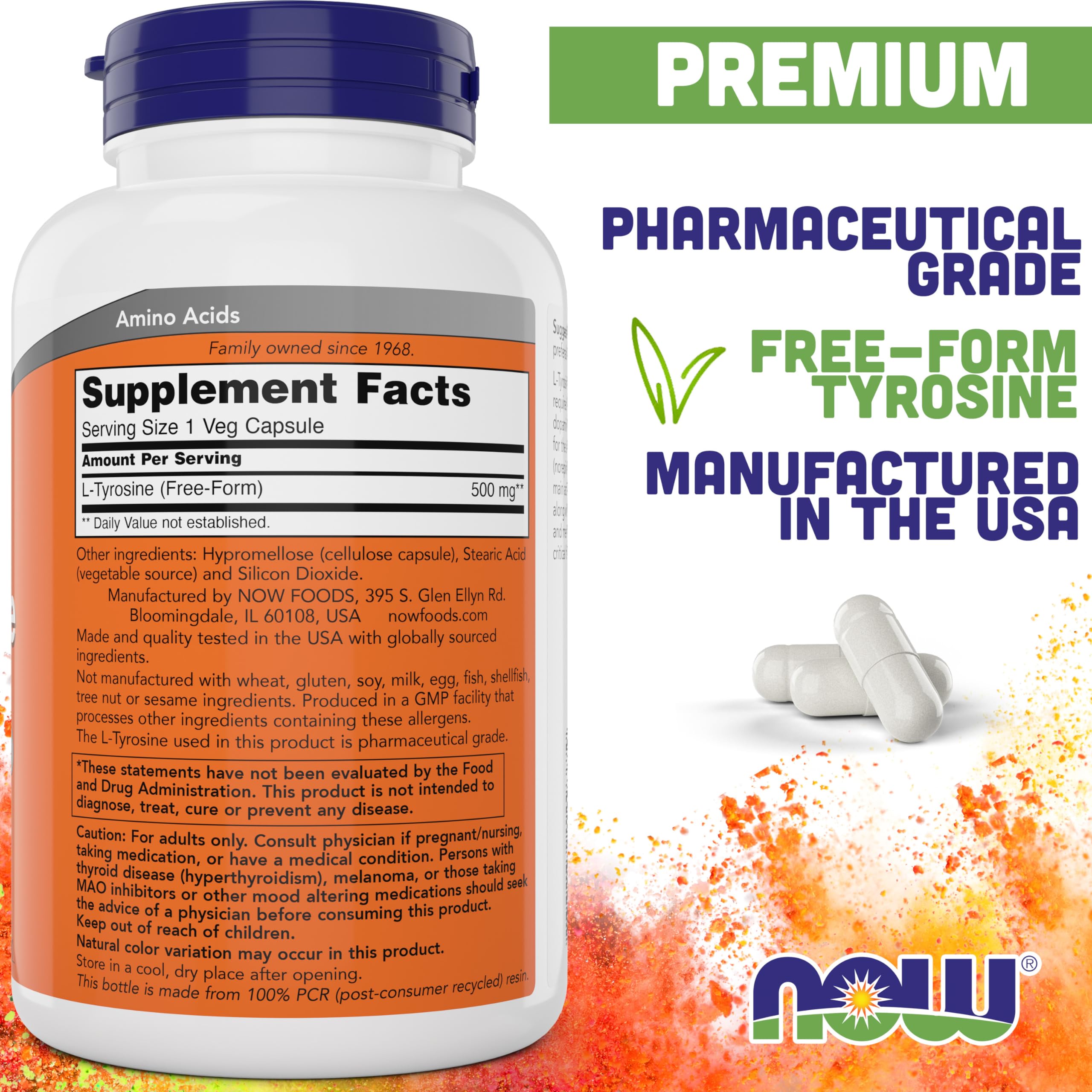 NOW Foods L-Tyrosine 500mg bottle back label with ingredients and directions