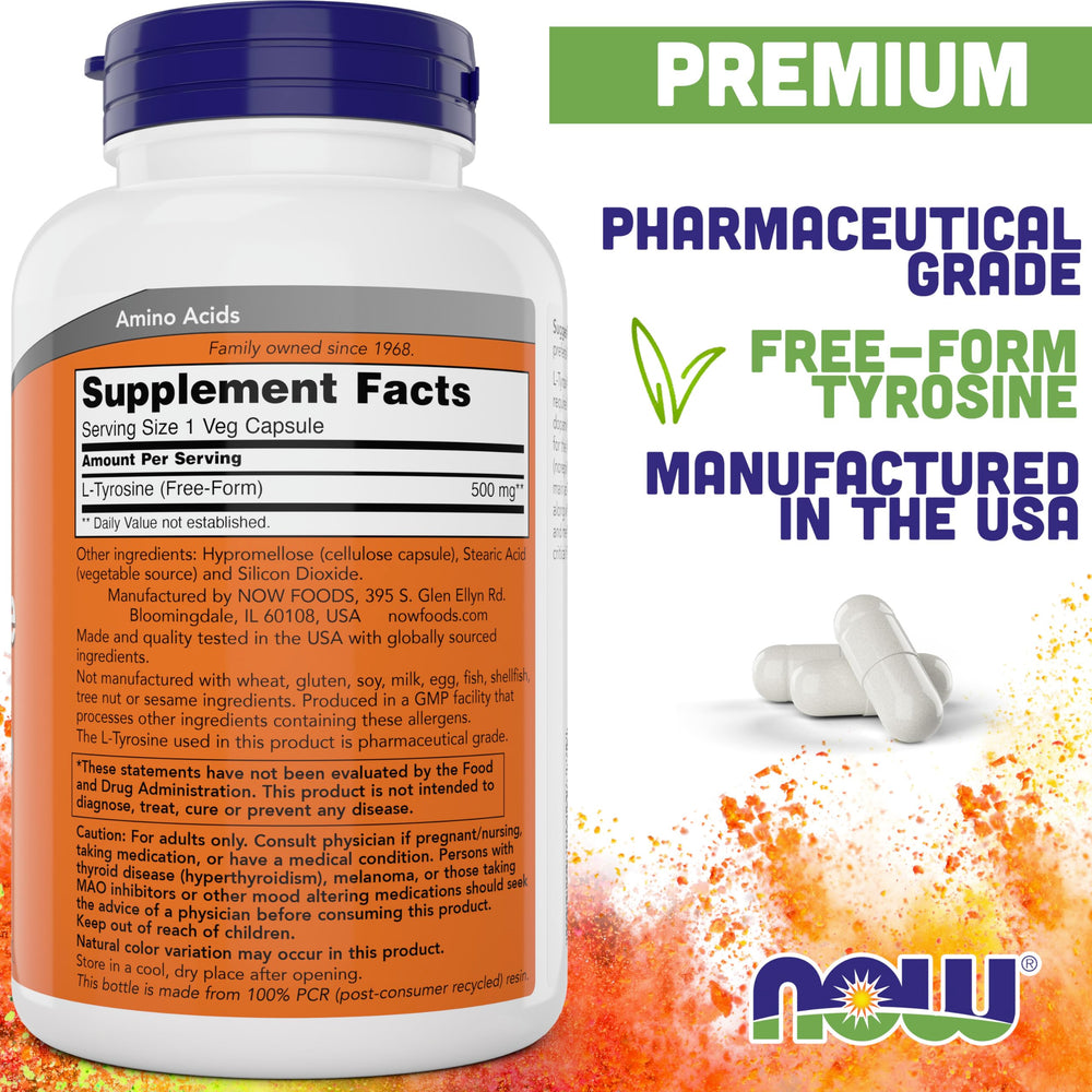 NOW Foods L-Tyrosine 500mg bottle back label with ingredients and directions
