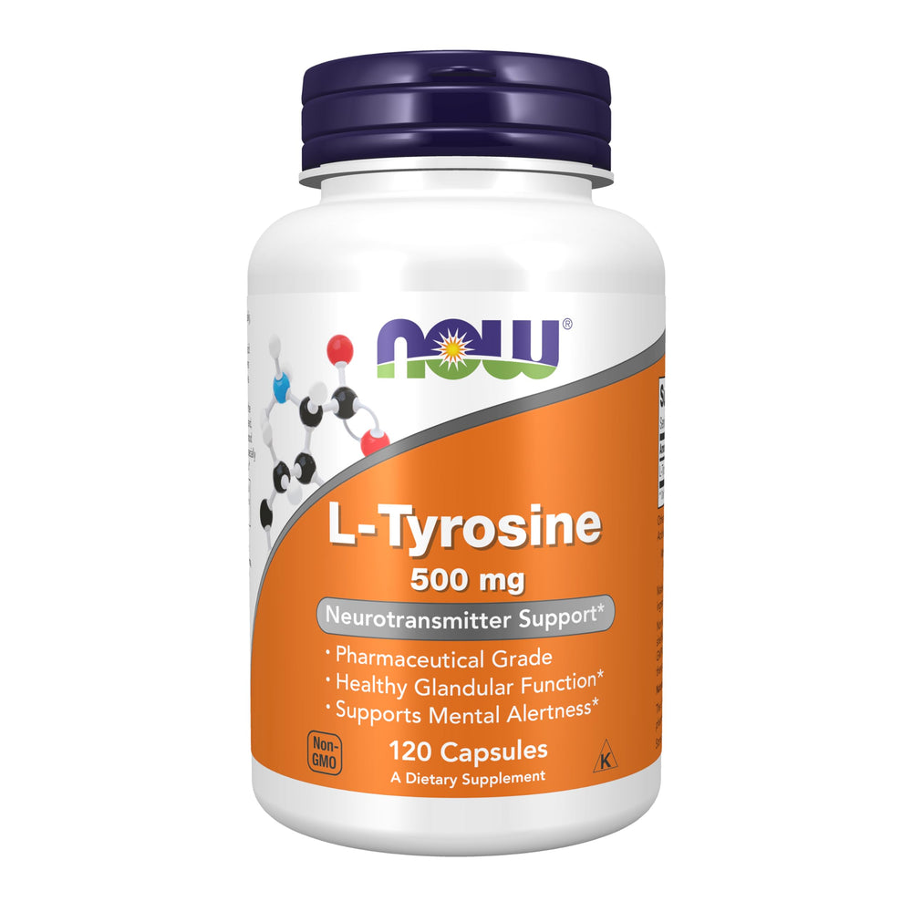 NOW Foods L-Tyrosine 500 mg capsules bottle front supports daily focus.