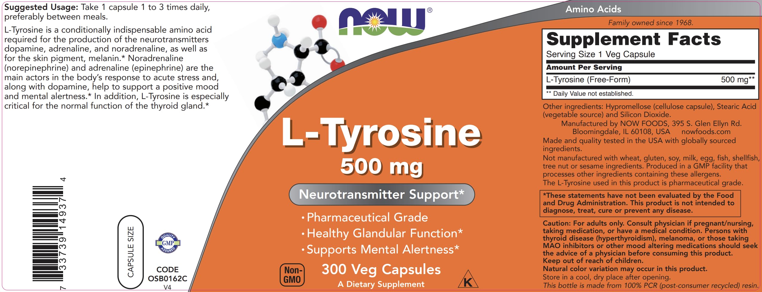 NOW Foods L-Tyrosine 500mg two-pack box on display