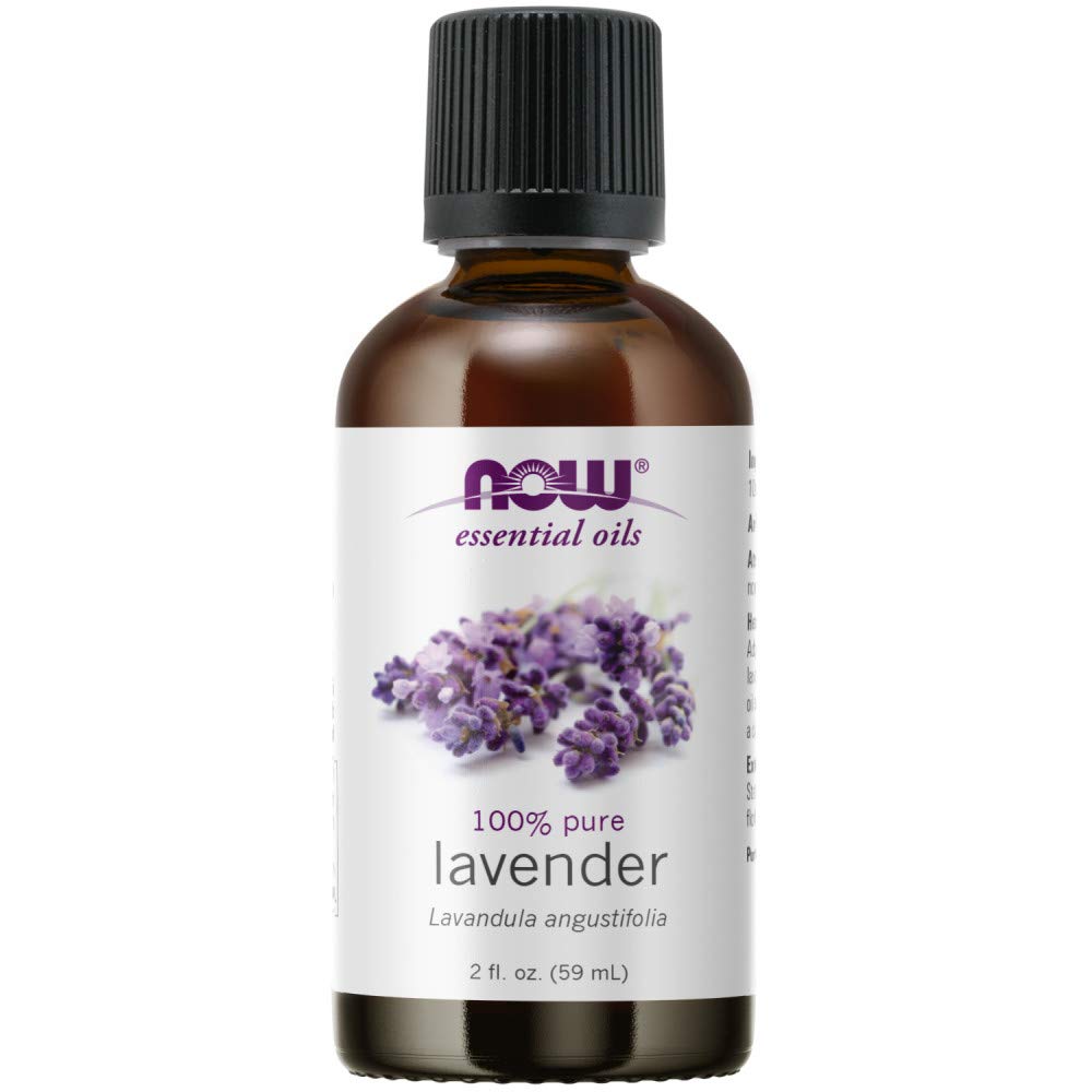 NOW Foods lavender oil 2 oz bottle close-up for diffusion and aroma.