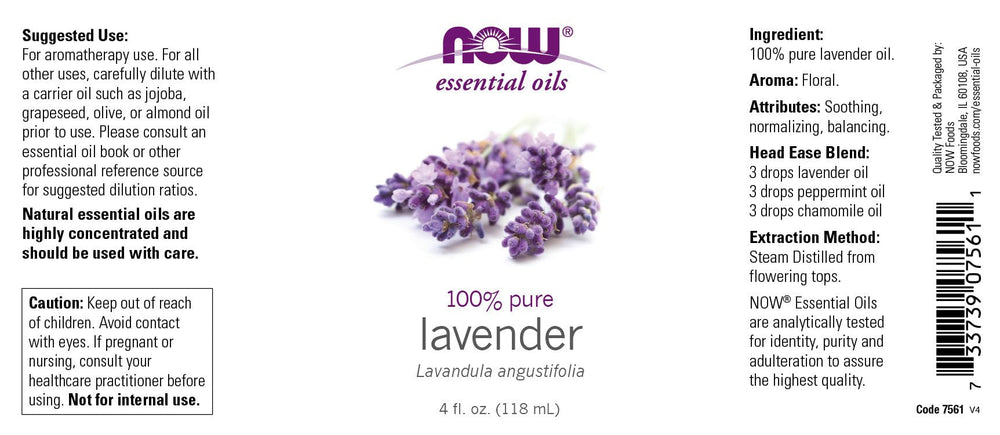 NOW Foods Lavender Oil bottle pour for diffusing and bath use.