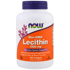 NOW Foods Lecithin bottle 1200 mg showcasing non-GMO softgels for brain support