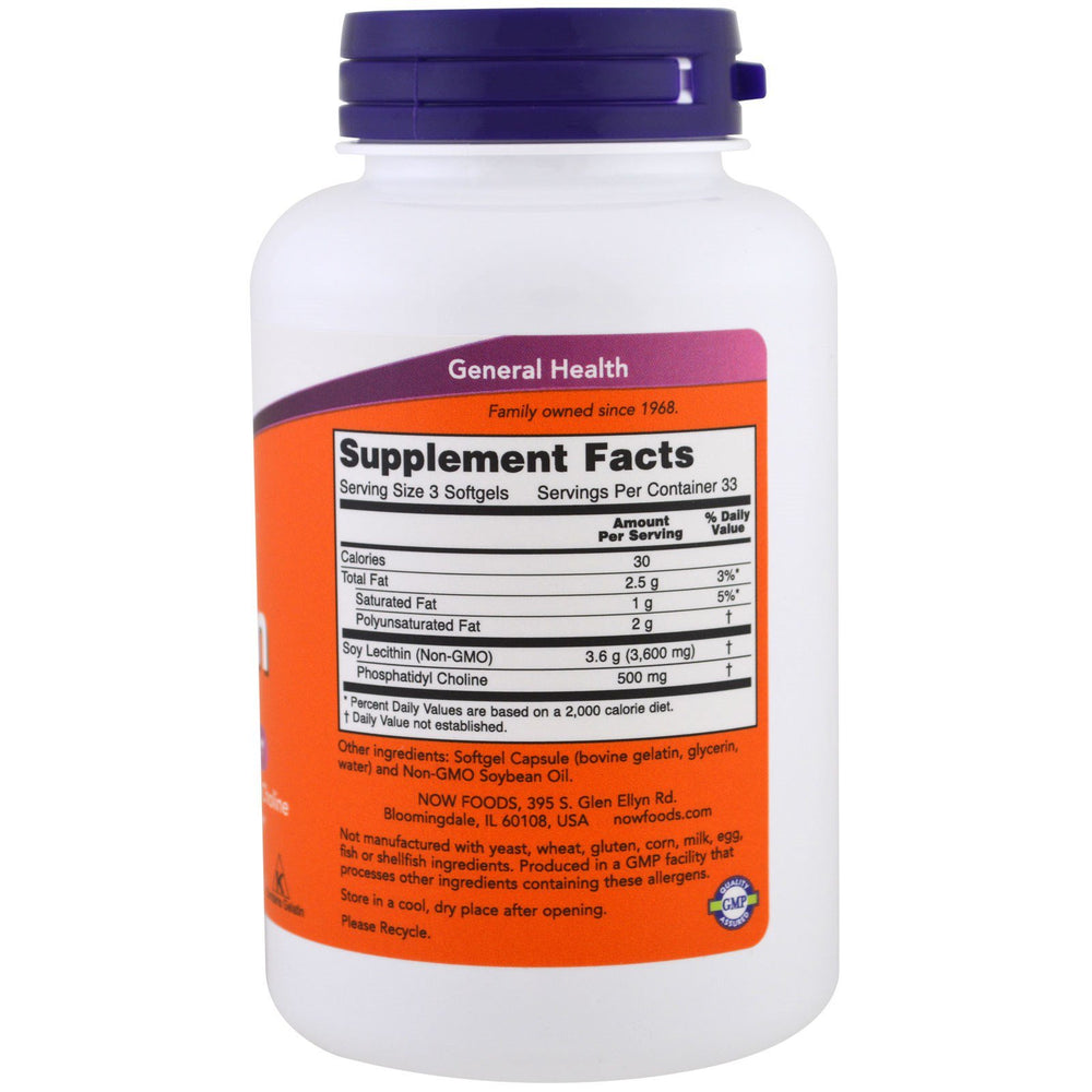 NOW Foods Lecithin softgels close-up showing 100-count pack and nervous system focus