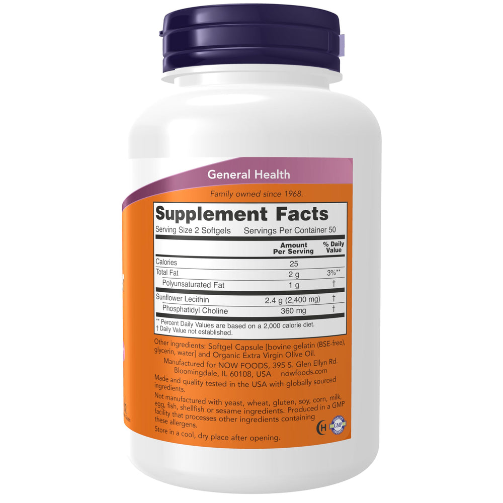 NOW Foods Lecitina de girasol 1200 mg, etiqueta clara para revisar ingredientes.