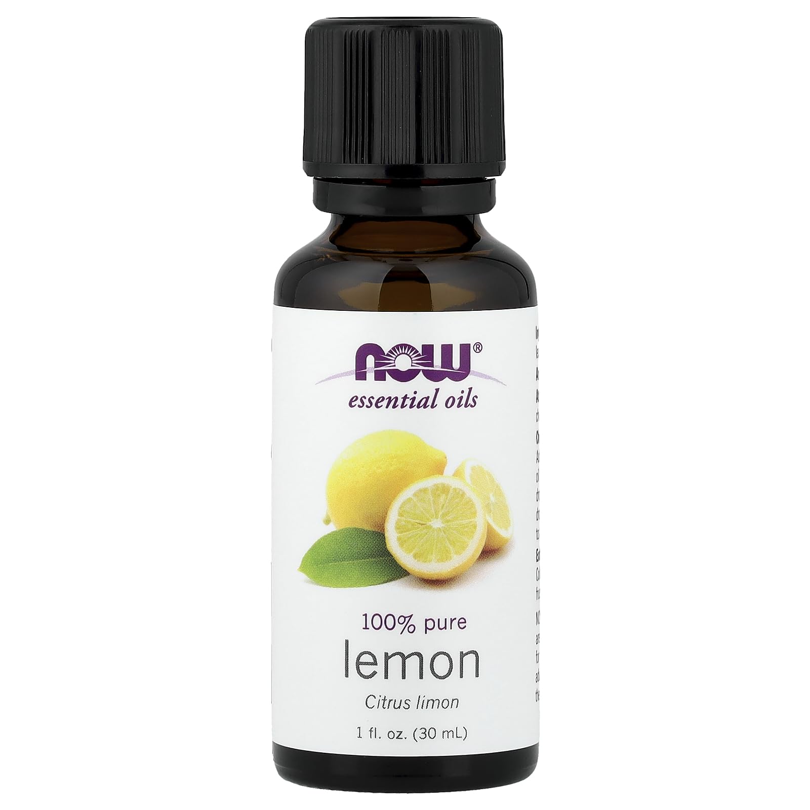 NOW Foods Lemon Essential Oil 1 oz bottle close-up, pure citrus aroma.