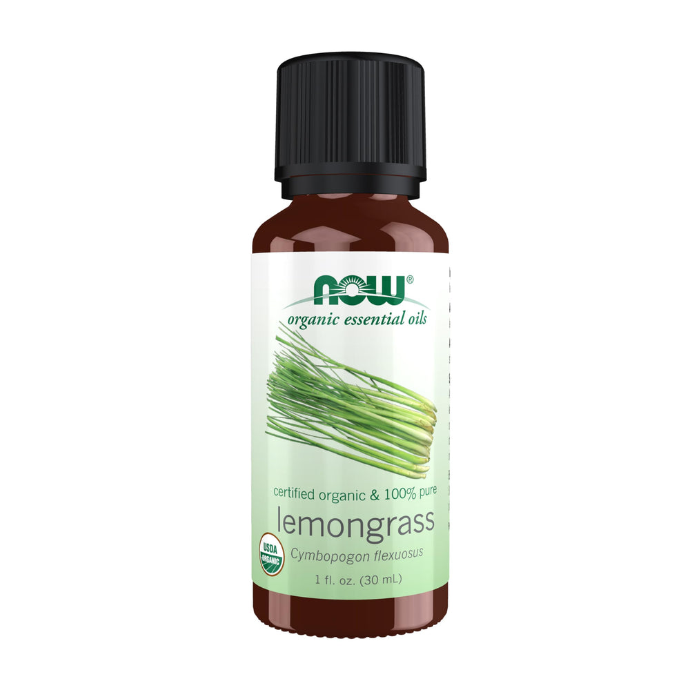 NOW Foods lemongrass oil bottle with pure aroma for diffusers.
