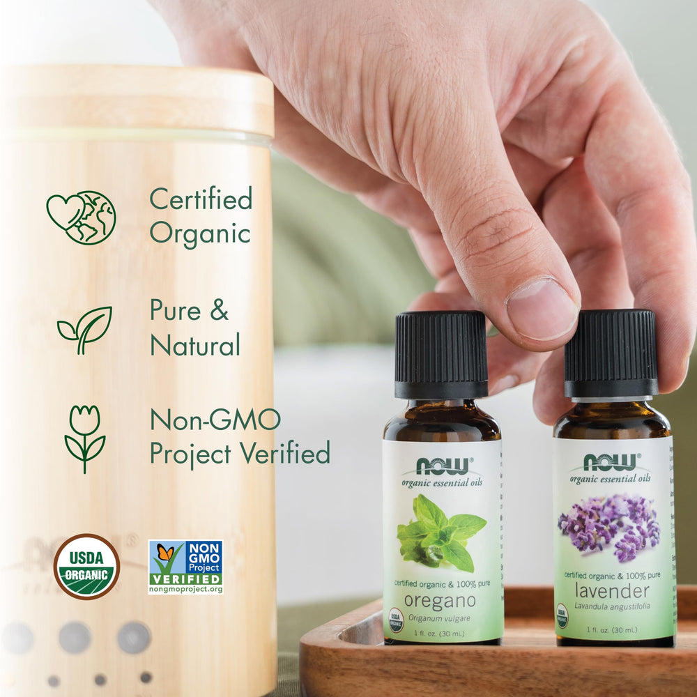 NOW Foods lemongrass oil label highlights organic certification and purity.
