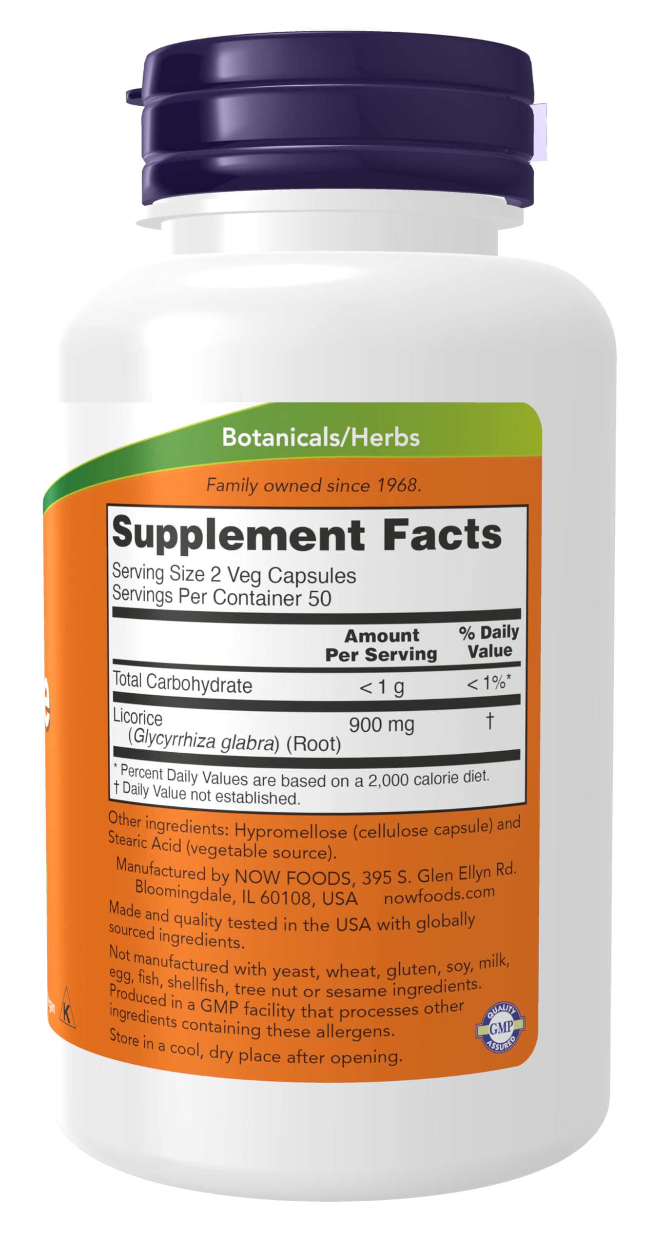 NOW Foods Licorice Root 450 mg label highlighting potency for everyday use.