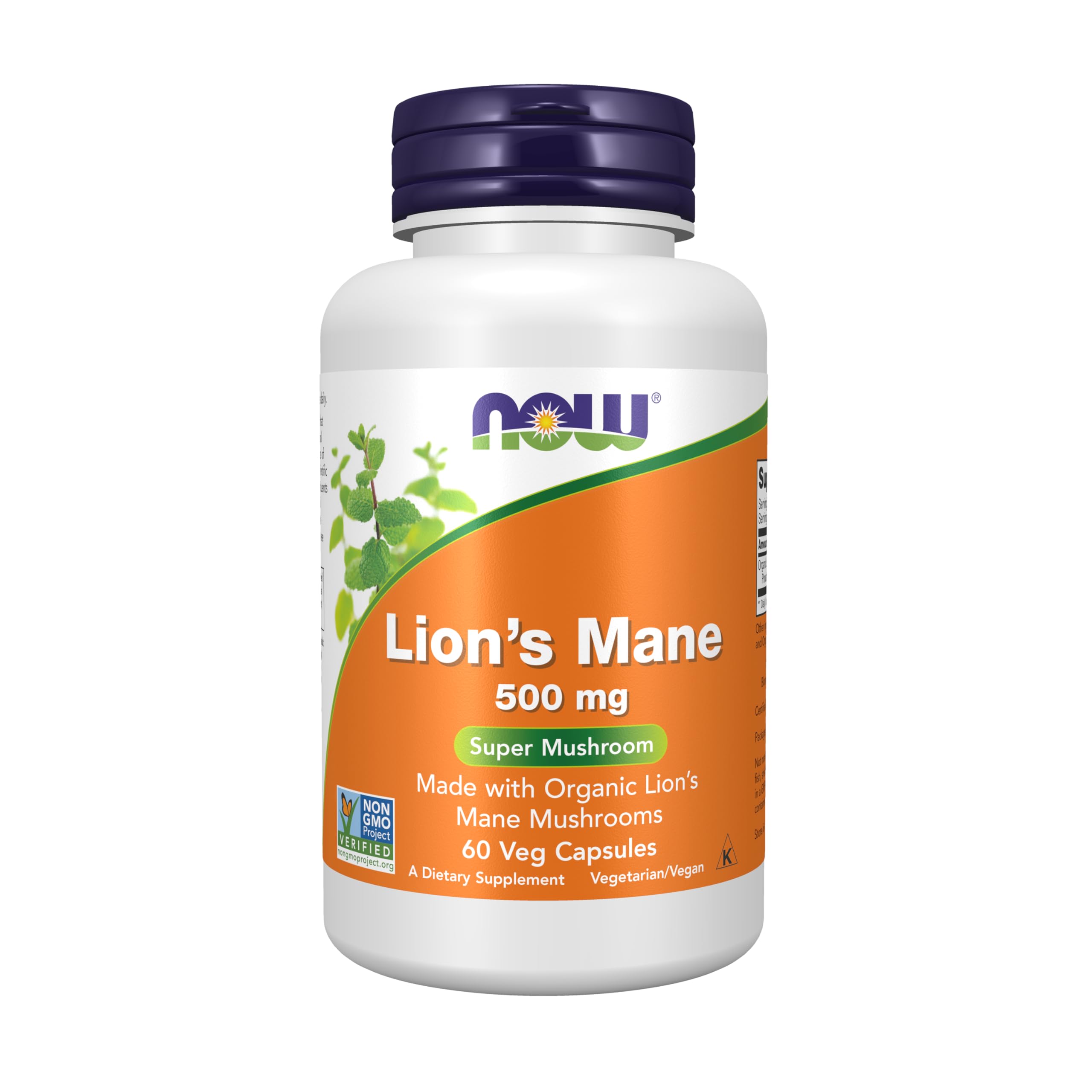 NOW Foods Lion's Mane 500 mg label close-up showing organic origin and quality.