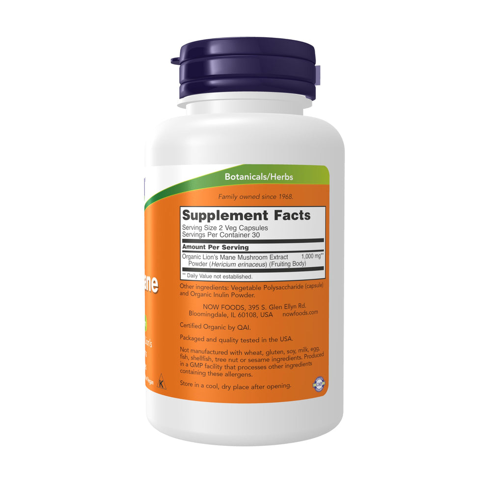 NOW Foods Lion's Mane capsules on wood surface for daily wellness routine.