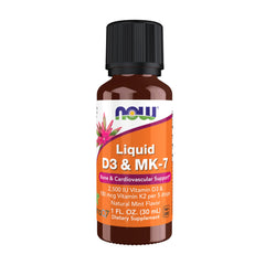 NOW Foods Liquid D-3 & MK-7 bottle front highlights mint flavor for easy daily supplementation.