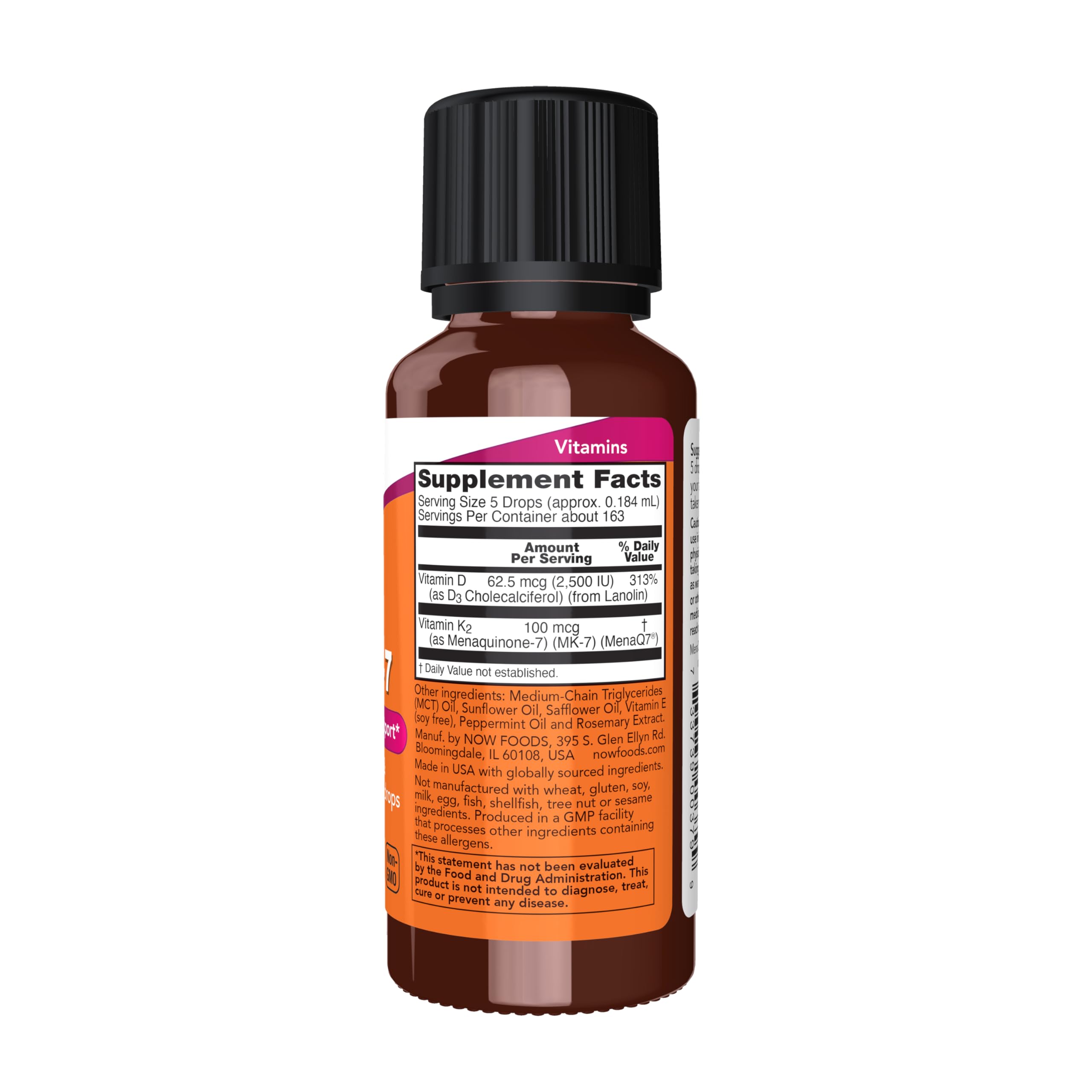 NOW Foods Liquid D-3 & MK-7 bottle pour demonstrates precise dosing for convenient use.