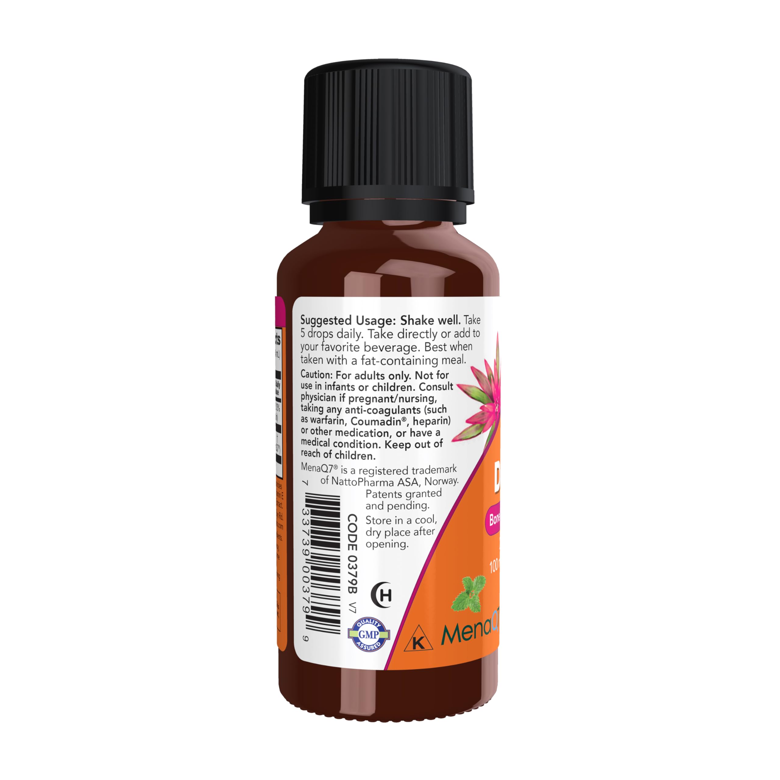 NOW Foods Liquid D-3 & MK-7 drops close-up shows packaging and smooth mint aroma.