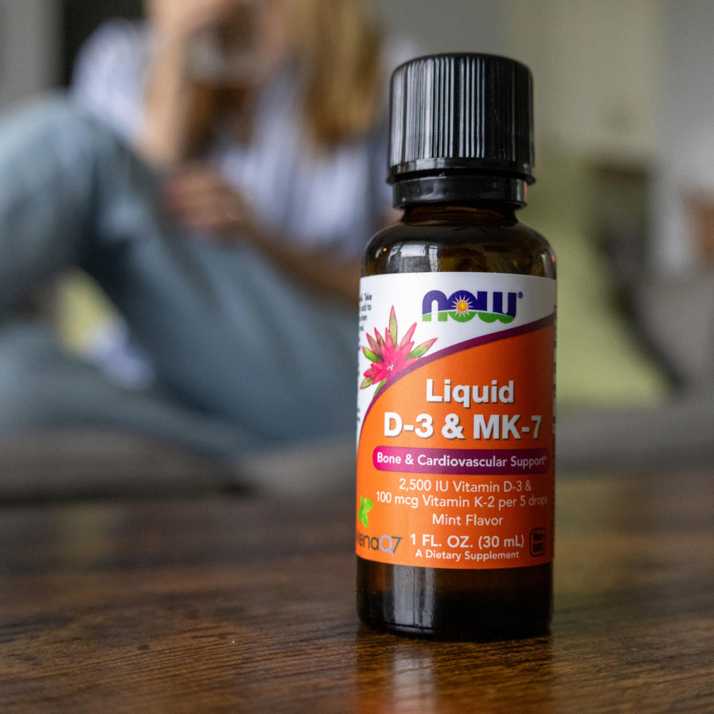 NOW Foods Liquid D-3 & MK-7 US packaging highlights domestic production and family brand.