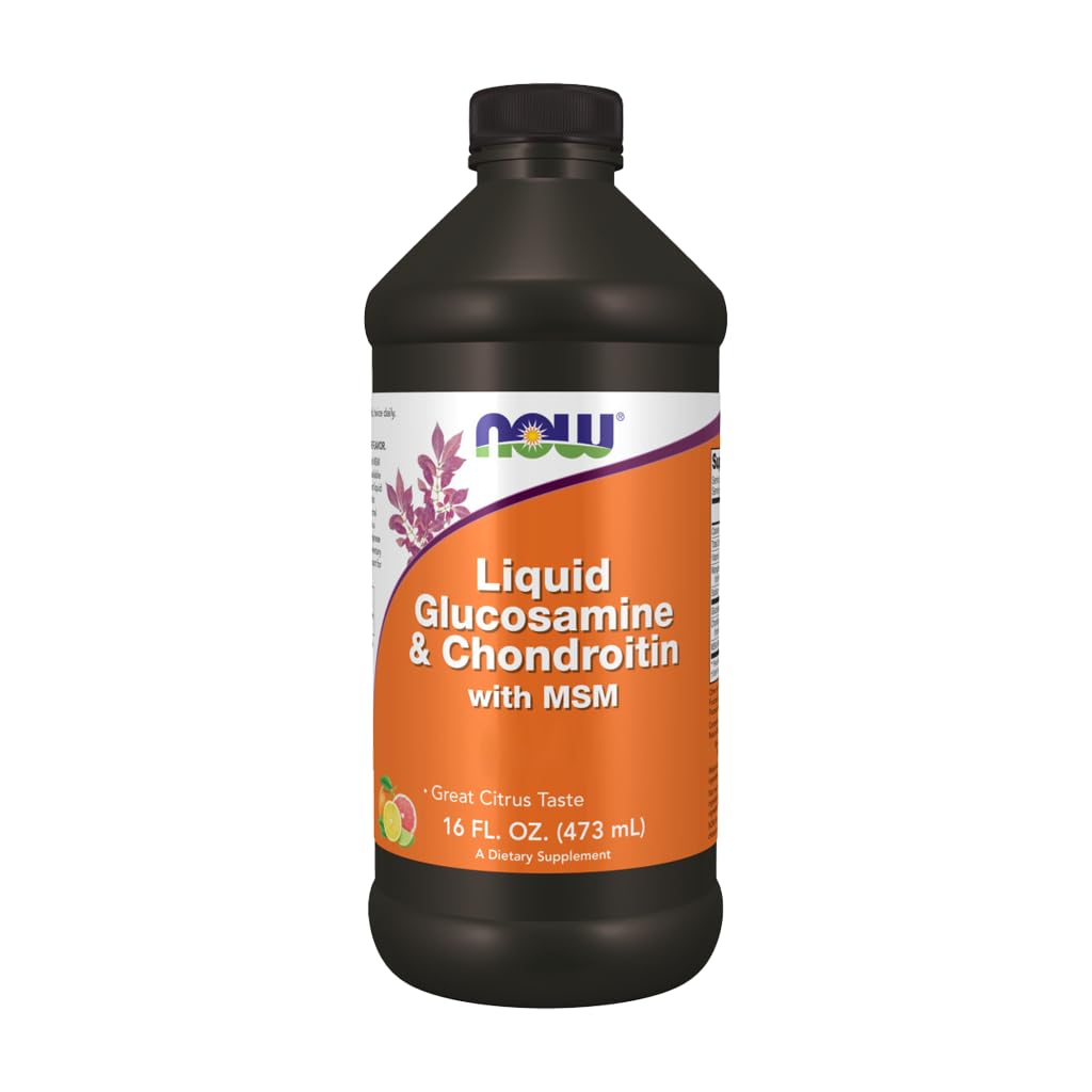 NOW Foods Liquid Glucosamine & Chondroitin MSM bottle shows the product ready for daily use