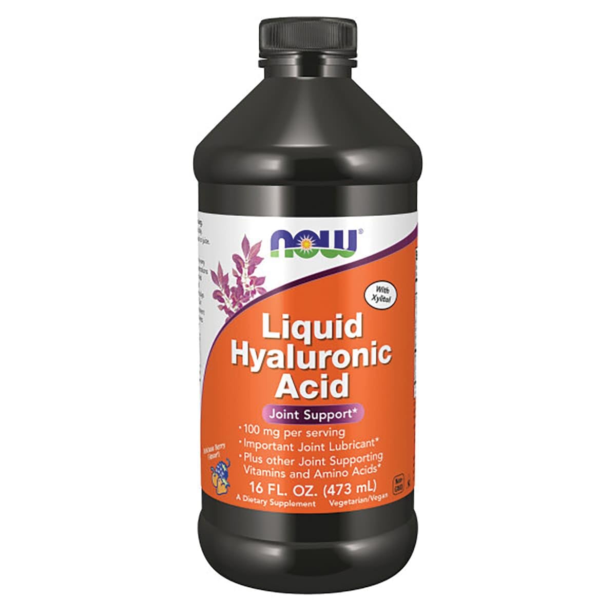 NOW Foods Liquid Hyaluronic Acid bottle pour for easy daily hydration dosing.