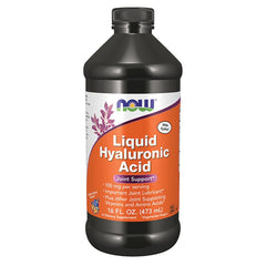 NOW Foods Liquid Hyaluronic Acid bottle pour for easy daily hydration dosing.