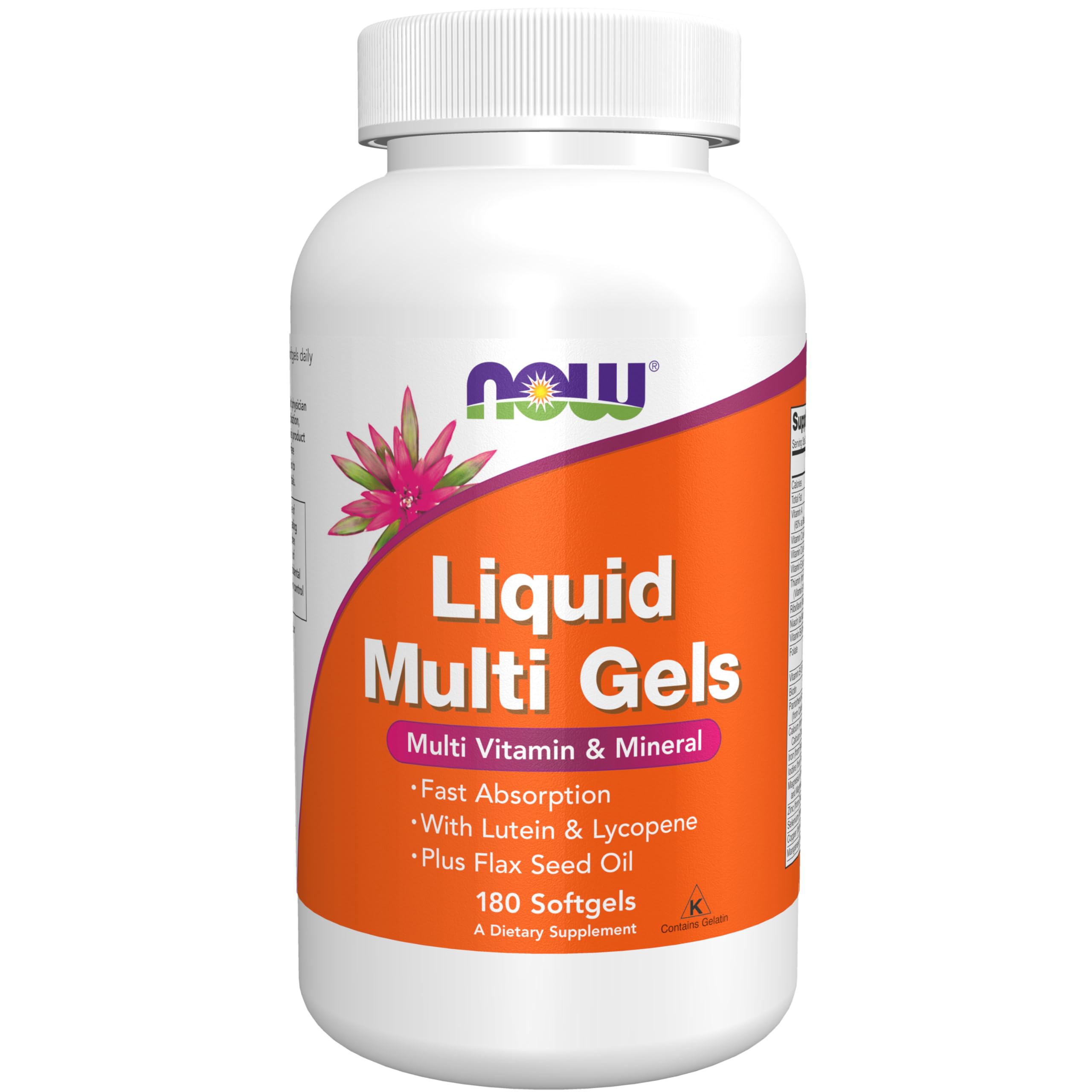 NOW Foods Liquid Multi Gels bottle-pour shows fast-absorbing daily vitamins in a convenient softgel form.