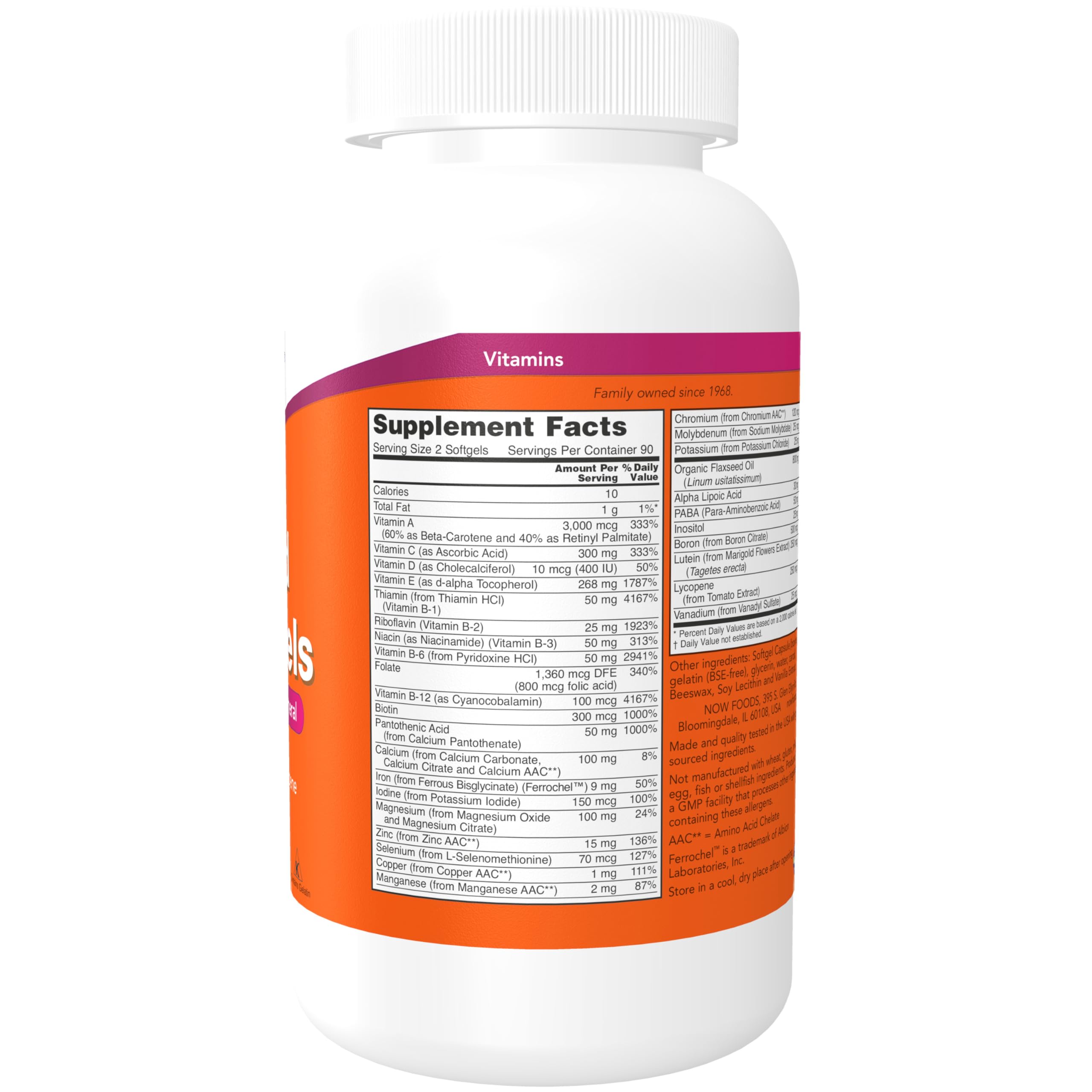 NOW Foods Liquid Multi Gels label-closeup highlights lutein, lycopene, and flaxseed oil benefits.