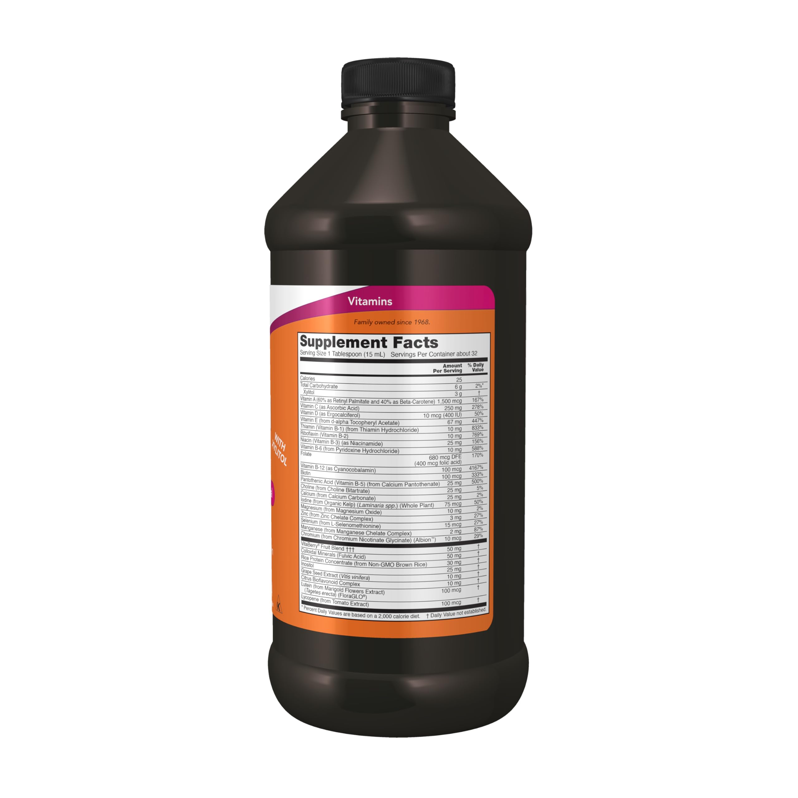 NOW Foods Liquid Multi fruit blend image highlighting grape seed and berry extracts.