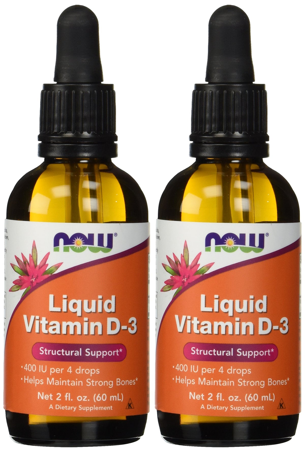NOW Foods Vitamin D-3 liquid bottle with dropper delivering 400 IU per four drops for bone support.
