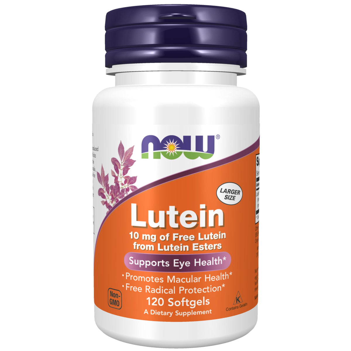 NOW Foods Lutein softgel bottle on countertop may support macular health.
