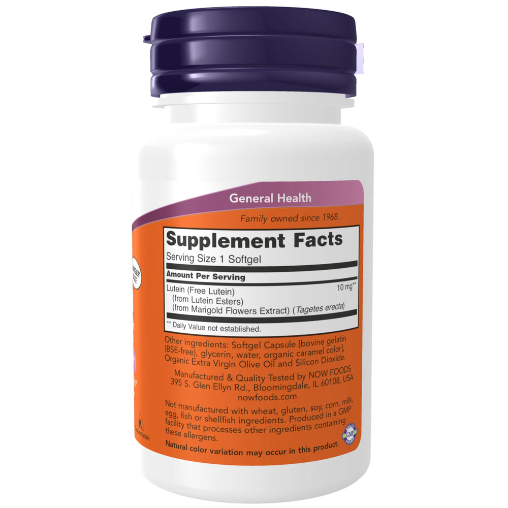 NOW Foods Lutein softgels close-up showing vibrant orange capsules.