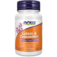 NOW Foods Lutein Zeaxanthin softgels bottle close-up for eye health and blue light protection.