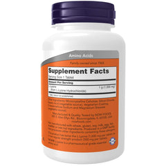 NOW Foods L-Lysine 1000mg bottle closeup showing label and potency.