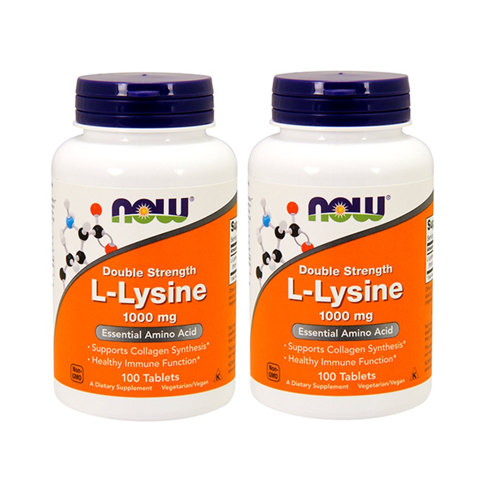 NOW Foods L-Lysine 1000mg bottle front view, vegan tablets for daily amino acid support.
