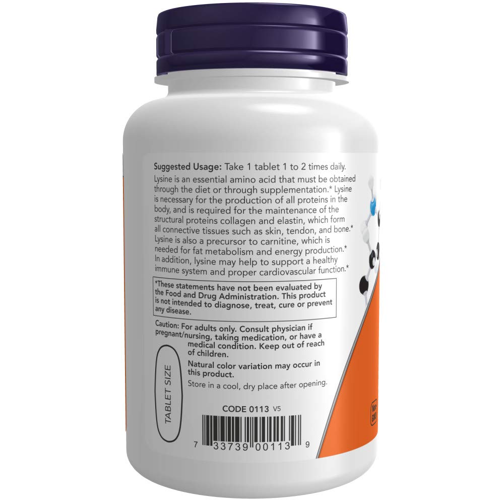 NOW Foods L-Lysine 1000mg label detail with vegan and non-GMO certifications.