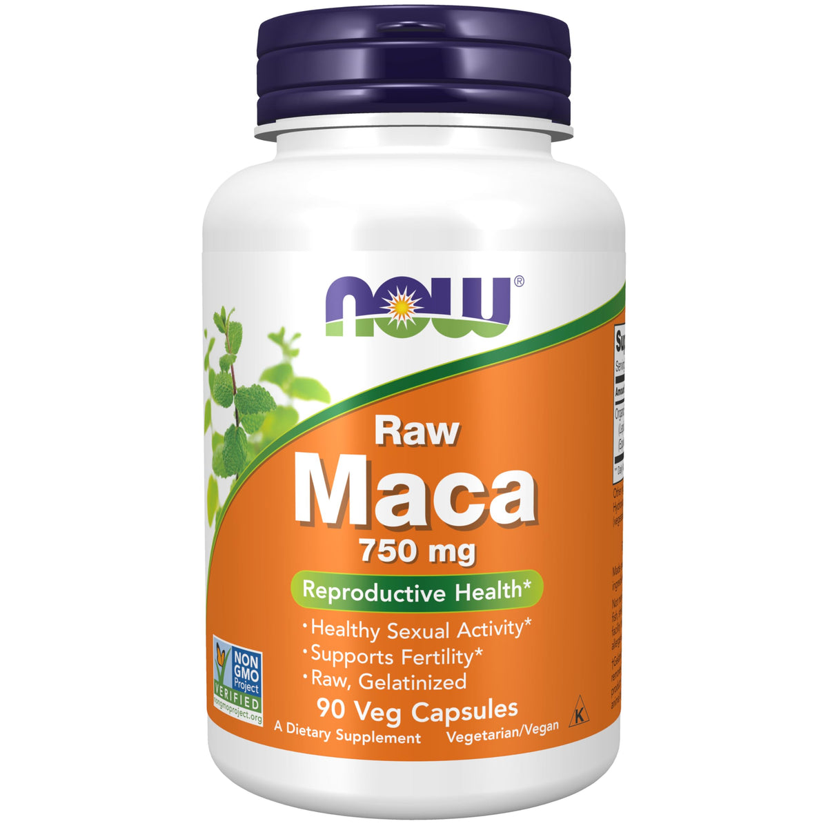 NOW Foods Maca 750 mg raw capsules bottle with label promoting daily vitality.