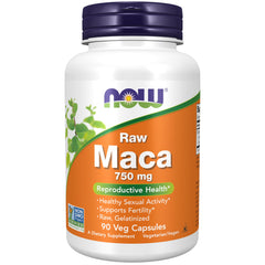 NOW Foods Maca 750 mg raw capsules bottle with label promoting daily vitality.