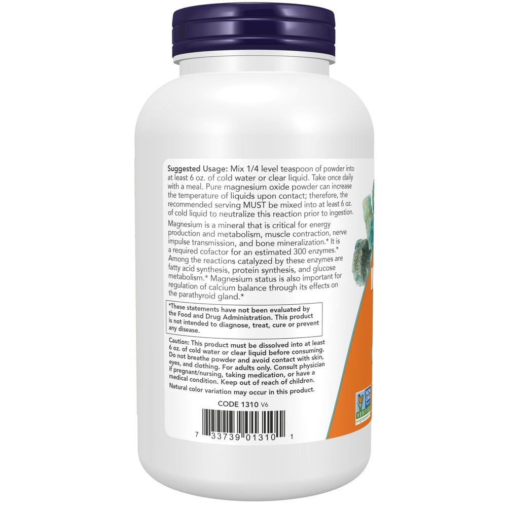 NOW Foods Magnesio Óxido, porción medidora facilita dosis con precisión diaria.