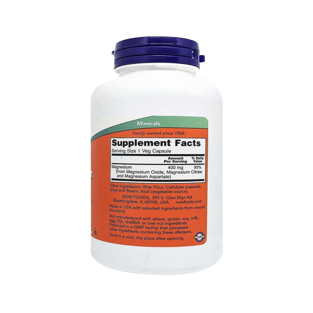 NOW Foods Magnesium 400mg capsules closeup of smooth capsules for relaxation and nerve support