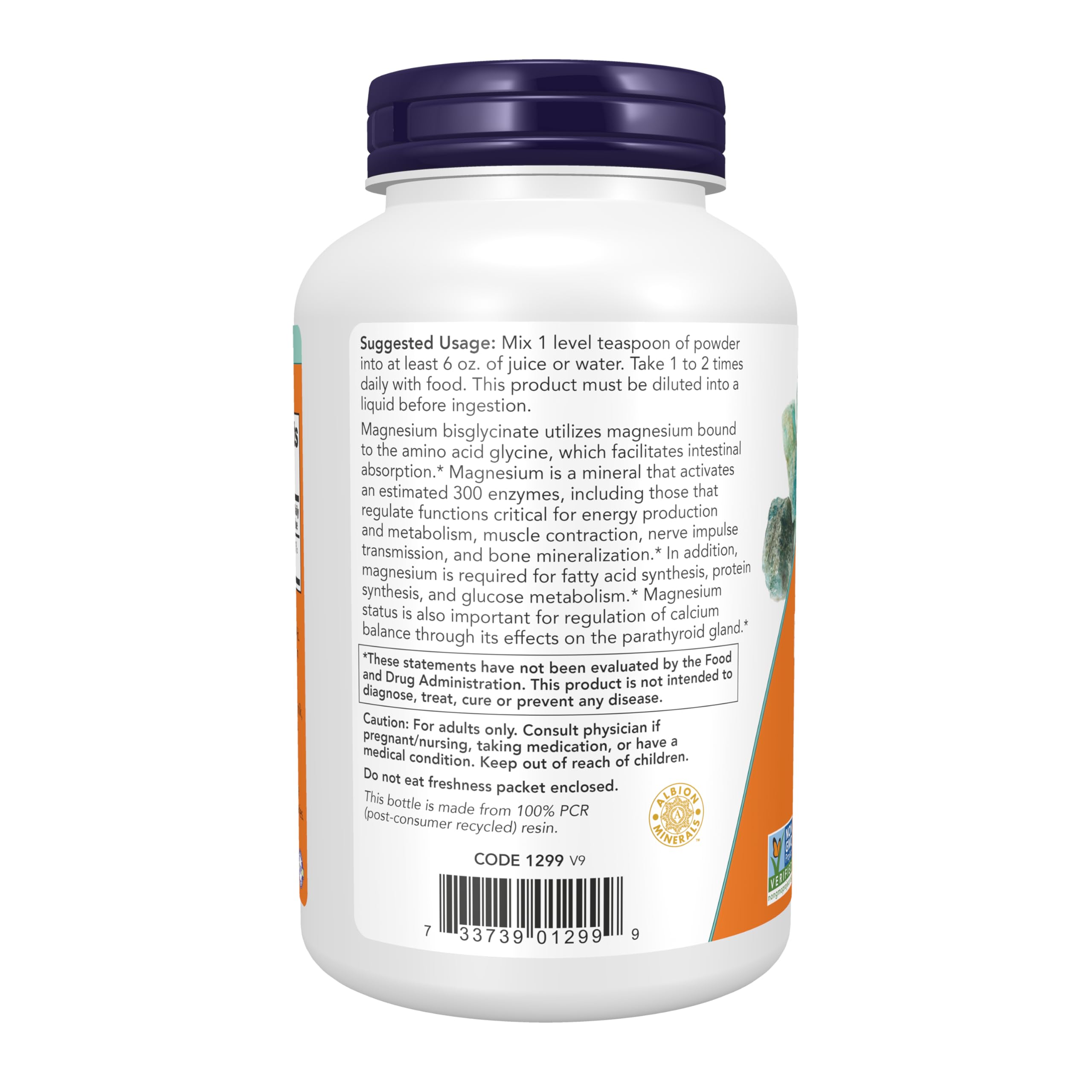 NOW Foods Magnesium Bisglycinate Powder being poured into juice for smooth mixing.