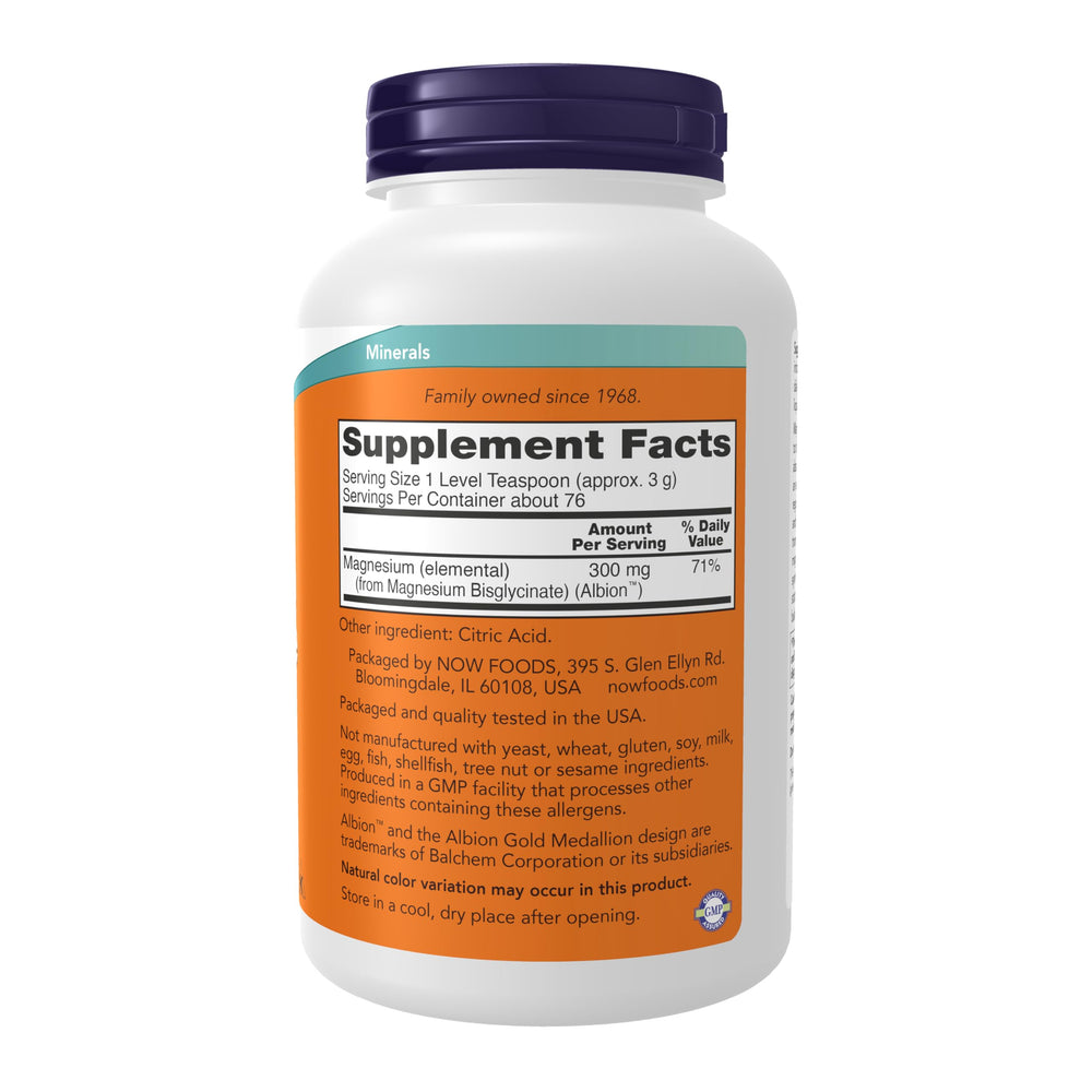 NOW Foods Magnesium Bisglycinate Powder scoop enables easy daily dosing.