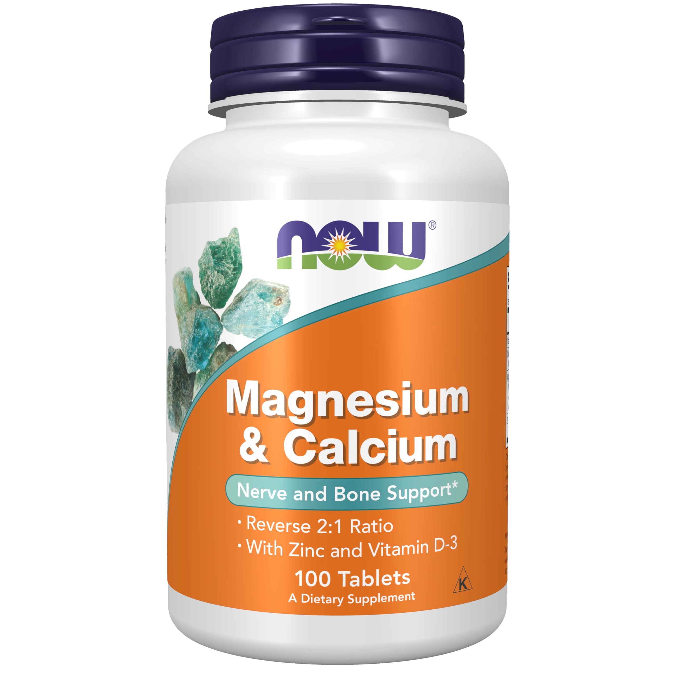 NOW Foods Magnesium and Calcium tablets close-up for nerve and bone support