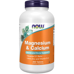 NOW Foods magnesium-calcium-zinc-d3 bottle front highlighting essential minerals for nerve and bone support