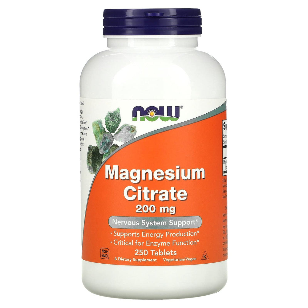 NOW Foods Magnesium Citrate tablets close-up shows easy-to-swallow unflavored tablets.