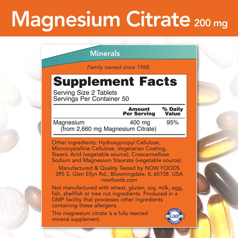 NOW Foods Magnesium Citrate bottle back shows dosage details for daily routines