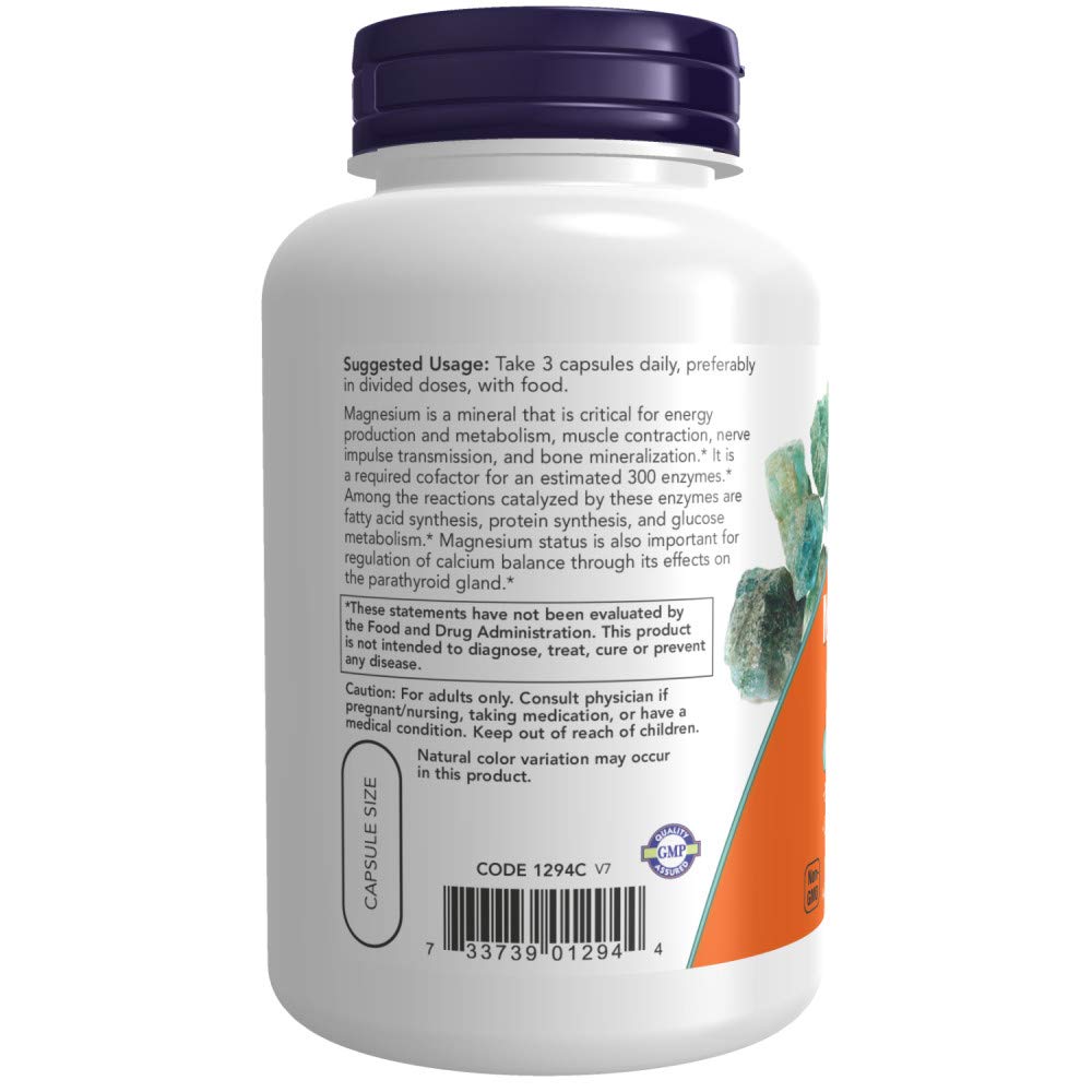 NOW Foods Magnesium Citrate capsules close-up showing vegan capsules