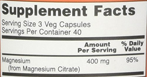 NOW Foods Magnesium Citrate caps dosage card illustrating two capsules per serving.