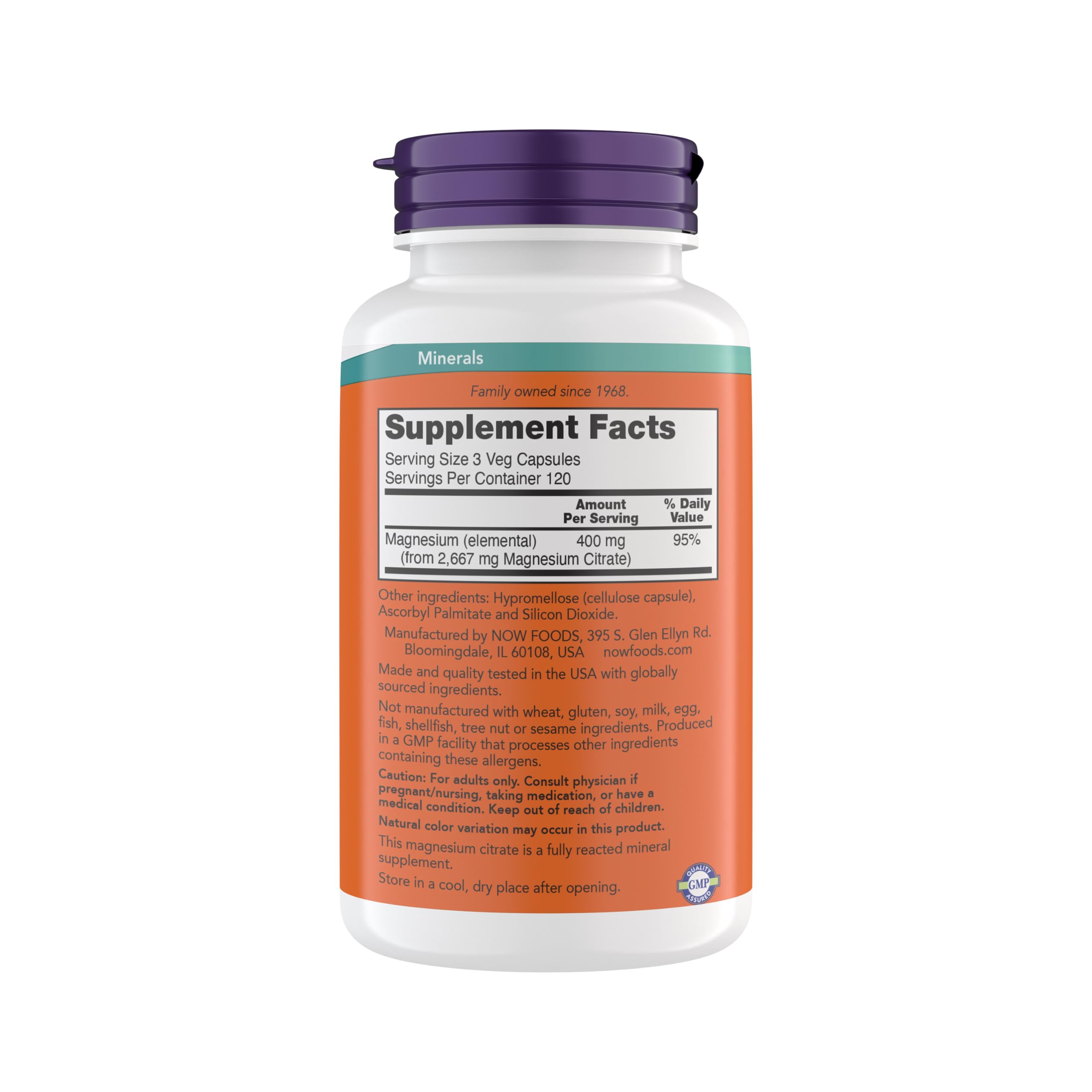 NOW Foods Magnesium Citrate capsules in a bottle showing easy daily supplementation