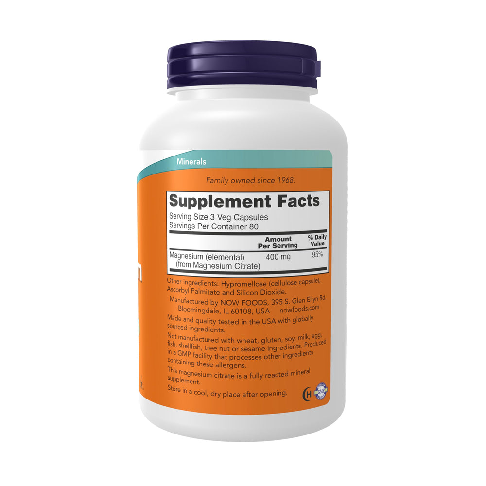 NOW Foods Magnesium Citrate label detail, showing vegan and kosher certifications