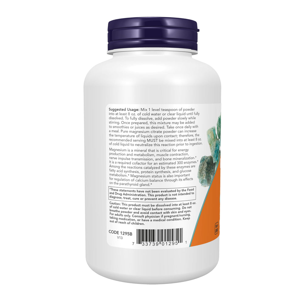 NOW Foods Magnesium Citrate Powder label closeup emphasizing GMP quality