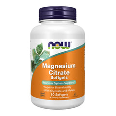 NOW Foods Magnesium Citrate softgels bottle demonstrates easy daily supplementation for energy support.